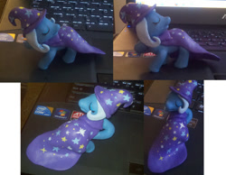 Size: 715x555 | Tagged: safe, trixie, pony, unicorn, g4, cape, clothes, computer, customized toy, female, hat, horn, indoors, irl, laptop computer, photo, solo, toy, trixie's cape, trixie's hat