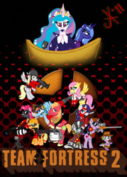 Size: 716x1000 | Tagged: safe, applejack, big macintosh, derpy hooves, fluttershy, pinkie pie, princess celestia, princess luna, rainbow dash, rarity, spike, twilight sparkle, zecora, alicorn, dragon, earth pony, pegasus, pony, unicorn, g4, administrator, baseball bat, crossover, engiejack, engineer (tf2), fluttermedic, gun, heavy (tf2), heavy mac, horn, knife, mane seven, mane six, medic (tf2), medigun, minigun, pinkie pyro, pyro (tf2), rainbow scout, rarispy, rifle, saxton hale, scout (tf2), sentry gun, sniper (tf2), sniper rifle, soldier (tf2), spy (tf2), team fortress 2, twilight sniper, weapon