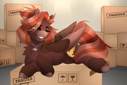 Size: 6000x4000 | Tagged: safe, artist:burstsketch, oc, oc only, oc:kometka, pegasus, amulet, box, chaos star, commissioner:sfaccountant, crossed legs, female, jewelry, looking at you, one eye closed, pegasus oc, solo, warehouse, wink, winking at you