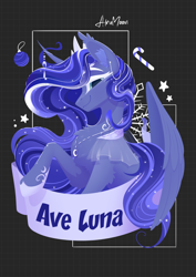 Size: 1688x2388 | Tagged: safe, artist:alrumoon_art, princess luna, alicorn, g4, abstract background, ave luna, candy, candy cane, christmas, clothes, ear fluff, ear piercing, female, food, holiday, horn, jewelry, looking at you, mare, necklace, piercing, raised hoof, see-through, solo, text, white eyelashes