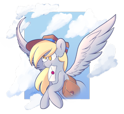 Size: 1280x1173 | Tagged: safe, artist:minty-cups, derpy hooves, pegasus, pony, g4, bag, cloud, colored pupils, food, hat, letter, mouth hold, muffin, passepartout, saddle bag, smiling, solo