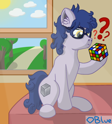 Size: 1980x2200 | Tagged: safe, artist:💎blue, oc, oc only, earth pony, pony, bed, confused, cube, curly mane, curly tail, glasses, male, path, question mark, rubik's cube, shading, sitting, solo, stallion, sun, sunlight, tail, tree, window