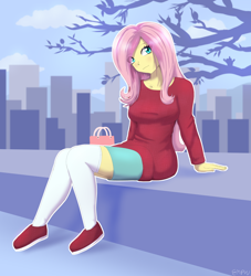 Size: 1200x1320 | Tagged: safe, artist:empyu, fluttershy, human, equestria girls, g4, breasts, clothes, shoes, sitting, stockings, thigh highs, weather