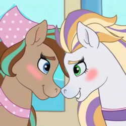 Size: 894x894 | Tagged: safe, artist:jadeharmony, edit, edited screencap, screencap, horse, bandana, blushing, cocoa (wild manes), duo, duo female, eyeshadow, female, finley (wild manes), lesbian, looking at each other, looking at someone, makeup, mare, ship:fincocoa, shipping, smiling, smiling at each other, wild manes