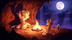 Size: 6400x3600 | Tagged: safe, artist:unt3n, oc, oc only, deer, deer pony, hybrid, original species, pony, anthro, anthro with ponies, deer oc, duo, fire, furry, night, non-pony oc