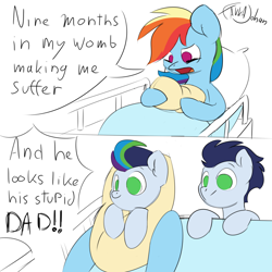 Size: 3000x3000 | Tagged: safe, artist:fakkajohan, rainbow dash, soarin', oc, pegasus, pony, g4, bed, female, lying down, male, meme, offspring, parent:rainbow dash, parent:soarin', parents:soarindash, ship:soarindash, shipping, straight