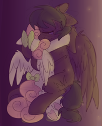 Size: 650x800 | Tagged: safe, artist:php193, oc, oc only, oc:soft sonance, oc:stormchaser, pegasus, bow, couple, crying, cuddling, duo, duo male and female, emotional, female, freckles, frog (hoof), hair bow, hug, male, mare, soft shading, stallion, tail, tail bow, underhoof, vent art