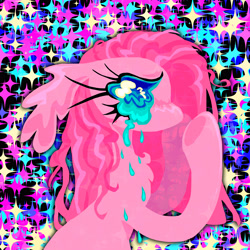 Size: 4000x4000 | Tagged: safe, artist:larvaecandy, pinkie pie, earth pony, pony, g4, abstract background, big eyes, blue eyes, blue sclera, chest fluff, colored sclera, colorful, crying, ear fluff, eyelashes, female, floppy ears, lineless, long ears, long eyelashes, mare, no mouth, pink coat, pink mane, pinkamena diane pie, print, profile, raised hooves, sad, shiny eyes, shiny mane, slender, solo, sparkles, sparkly background, straight mane, thin, wingding eyes