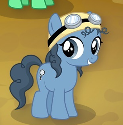 Size: 307x311 | Tagged: safe, gameloft, earth pony, pony, g4, female, filly, foal, goggles, murky mystery, outdoors, tree