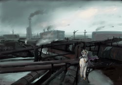 Size: 4598x3205 | Tagged: safe, artist:alexandrvirus, princess celestia, alicorn, pony, g4, abandoned, factory, female, industrial, jewelry, mare, pipe (plumbing), regalia, russia, scenery, smoke, solo, wires