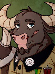 Size: 608x819 | Tagged: safe, artist:bunnyshrubby, oc, oc:tomasz tauronowski, minotaur, equestria at war mod, beard, bust, clothes, digital art, facial hair, facial scar, general, gradient background, horns, looking at camera, looking at you, male, medal, medals, military, military uniform, new characters for equestria at war, new characters for equestria at war mod, portrait, scar, smiling, smiling at you, solo, uniform