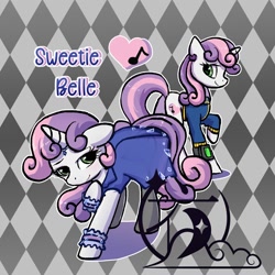 Size: 2000x2000 | Tagged: safe, artist:brella, sweetie belle, pony, unicorn, fallout equestria, g4, alternate cutie mark, clothes, dress, ear piercing, earring, fallout, female, horn, jewelry, jumpsuit, mare, older, older sweetie belle, piercing, pipboy, pipbuck, raised hoof, solo, stockings, thigh highs, vault suit