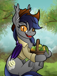 Size: 1300x1714 | Tagged: safe, artist:andaluce, oc, oc:echo, bat pony, bat wings, chest fluff, clothes, cute, ear fluff, farmer, female, food, frog (hoof), fruit, fruit basket, happy, hat, looking at you, mango, mare, shirt, sitting, smiling, smiling at you, solo, tree, underhoof, wings