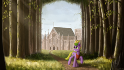 Size: 1920x1080 | Tagged: safe, artist:adagiostring, oc, oc only, earth pony, pony, castle, forest, nature, scenery, solo, tree