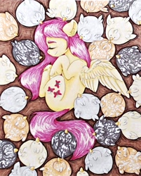 Size: 2237x2778 | Tagged: safe, artist:rysunkowasucharia, fluttershy, bird, chicken, pegasus, pony, g4, curled up, eyes closed, female, hen, high angle, hooves to the chest, lying down, mare, on side, one wing out, overhead view, sleeping, smiling, solo, traditional art, wings