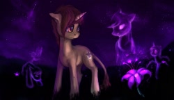 Size: 1643x944 | Tagged: safe, artist:elkaart, oc, oc only, oc:wishful dreamer, pony, unicorn, female, floppy ears, flower, horn, leonine tail, mare, night, night sky, sky, spirit, stars, tail