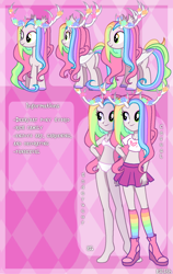 Size: 1900x3000 | Tagged: safe, artist:eilidh-draw, oc, oc only, oc:moonlight flutters, bat pony, deer, pony, equestria girls, g4, antlers, barefoot, bat pony oc, boots, bra, breasts, clothes, commission, deer oc, equestria girls-ified, feet, female, hybrid oc, mare, multicolored hair, non-pony oc, pansexual, panties, rainbow hair, rainbow socks, reference sheet, shirt, shoes, skirt, socks, solo, striped socks, t-shirt, underwear, white underwear, ych result