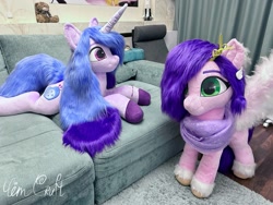 Size: 2560x1920 | Tagged: safe, artist:limecraft, izzy moonbow, pipp petals, pegasus, pony, unicorn, g5, clothes, couch, duo, duo female, female, fluffy, fluffy wings, horn, indoors, irl, life size, lying down, mare, photo, plushie, prone, scarf, sploot, wings