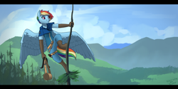 Size: 2000x1000 | Tagged: safe, artist:joan-grace, rainbow dash, pegasus, anthro, unguligrade anthro, g4, alternate hairstyle, alternate universe, boots, clothes, cloud, female, forest, mare, mountain, nature, pants, scenery, shirt, shoes, sky, solo, story in the comments, story in the source, story included, tree