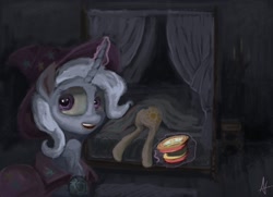 Size: 2320x1679 | Tagged: safe, artist:alexandrvirus, princess celestia, trixie, alicorn, pony, unicorn, g4, bed, bedroom, butt, dark, female, horn, levitation, magic, mare, plot, telekinesis