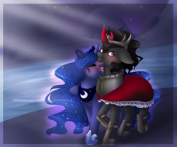 Size: 3000x2500 | Tagged: safe, artist:stormcloud-yt, king sombra, princess luna, alicorn, pony, unicorn, g4, blushing, blushing profusely, curved horn, cute, ethereal mane, female, flowing mane, grumpy, horn, jewelry, laughing, lunabetes, male, mare, open mouth, regalia, scenery, ship:lumbra, shipping, smiling, sombradorable, stallion, starry mane, stars, straight, tsundere, walking, water