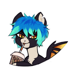 Size: 820x824 | Tagged: safe, artist:siatikas, oc, oc only, bat pony, pony, bust, chest fluff, claws, cup, drink, drinking, drinking straw, facial markings, mealy mouth (coat marking), simple background, slit pupils, solo, torn ear, white background, wing claws, wings