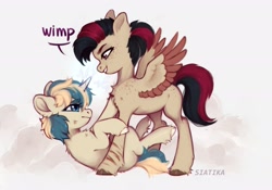 Size: 2391x1677 | Tagged: safe, artist:siatikas, oc, oc only, pegasus, pony, unicorn, bruised, chest fluff, cloven hooves, dialogue, female, horn, mare, pinned, scratches, speech bubble, spread wings, unshorn fetlocks, wings