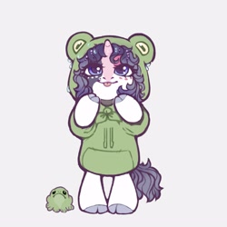 Size: 3000x3000 | Tagged: safe, artist:siatikas, oc, oc only, frog, pony, unicorn, bipedal, clothes, cloven hooves, female, frog hoodie, hoodie, horn, mare, solo, tongue out