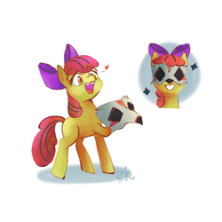 Size: 2500x2500 | Tagged: safe, artist:boxwari, apple bloom, earth pony, pony, g4, blank flank, female, filly, floating heart, foal, grin, heart, high res, mask, open mouth, open smile, simple background, smiling, solo, sparkles, white background