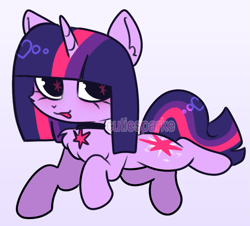 Size: 767x694 | Tagged: safe, artist:cutiesparke, twilight sparkle, pony, unicorn, g4, :3, alternate hairstyle, choker, cutie mark eyes, eyelashes, female, gradient background, horn, lightly watermarked, lying down, unicorn twilight, watermark, wingding eyes