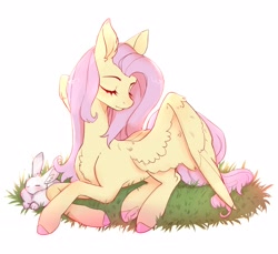 Size: 2792x2560 | Tagged: safe, artist:siatikas, angel bunny, fluttershy, pegasus, pony, rabbit, g4, animal, chest fluff, duo, eyes closed, female, lying down, male, mare, prone, simple background, white background