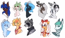 Size: 4096x2370 | Tagged: safe, artist:siatikas, oc, oc only, bat pony, earth pony, pegasus, pony, raccoon, unicorn, anthro, antlers, bandana, bow, bust, chest fluff, clothes, ear piercing, ear tufts, earring, eyebrows, eyebrows visible through hair, fangs, female, floating heart, hair bow, heart, horn, jacket, jewelry, mare, piercing, sailor uniform, simple background, stitched body, uniform, white background