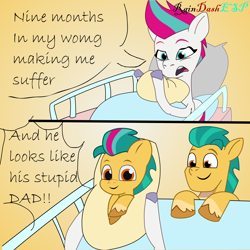 Size: 3000x3000 | Tagged: safe, artist:raindashesp, hitch trailblazer, zipp storm, oc, earth pony, pegasus, pony, g5, my little pony: tell your tale, 2 panel comic, baby, baby pony, colt, comic, father and child, father and son, female, foal, generation xerox, male, mare, meme, misspelling, mother and child, mother and son, nine months in my womb making me suffer, offspring, parent:hitch trailblazer, parent:zipp storm, parents:stormblazer, ship:stormblazer, shipping, stallion, straight, trio