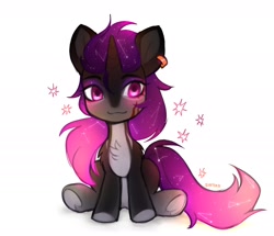 Size: 2210x1898 | Tagged: safe, artist:siatikas, oc, oc only, oc:hidden nova, pony, unicorn, chest fluff, ear piercing, earring, female, horn, jewelry, mare, piercing, simple background, sitting, solo, white background