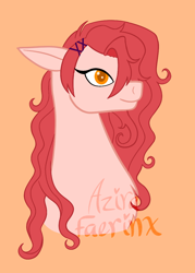 Size: 764x1067 | Tagged: safe, artist:azira faerinx, oc, oc only, g4, bust, ears back, hair ribbon, long mane, orange background, orange eyes, portrait, red mane, ribbon, simple background