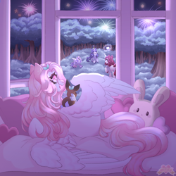 Size: 2500x2500 | Tagged: safe, artist:lovemizsy, oc, oc only, pegasus, pony, rabbit, unicorn, animal, female, fireworks, horn, magic, mare, wings