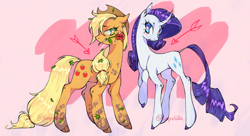 Size: 1280x695 | Tagged: safe, artist:pompolilla, applejack, rarity, pony, g4, female, flower, lesbian, mouth hold, mud, rose, ship:rarijack, shipping