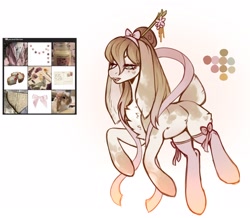 Size: 2310x2010 | Tagged: safe, artist:siatikas, oc, oc only, earth pony, pony, adoptable, bow, chest fluff, clothes, deer tail, female, hair bow, hairpin, heart, heart eyes, mare, moodboard, reference sheet, socks, solo, tail, wingding eyes