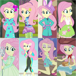 Size: 1280x1280 | Tagged: safe, artist:frankcrazy16, edit, edited screencap, screencap, fluttershy, human, equestria girls, equestria girls specials, g4, i'm on a yacht, my little pony equestria girls: better together, my little pony equestria girls: friendship games, my little pony equestria girls: holidays unwrapped, clothes, collage, female, fluttershy's wetsuit, music festival outfit, winter outfit