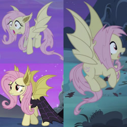 Size: 1280x1280 | Tagged: safe, artist:frankcrazy16, edit, edited screencap, screencap, fluttershy, bat pony, bats!, g4, my little pony: friendship is magic, scare master, season 4, season 5, bat ponified, clothes, collage, costume, dress, fake ears, fake fangs, fake flutterbat, female, flutterbat, flutterbat costume, mare, nightmare night costume, open mouth, race swap, solo