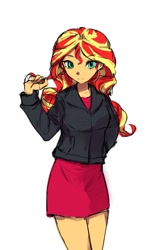 Size: 753x1195 | Tagged: safe, artist:dusknebula, sunset shimmer, human, equestria girls, g4, clothes, cute, female, hair twirl, jacket, looking at you, shimmerbetes, simple background, skirt, smiling, solo, white background