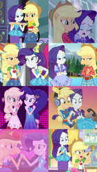 Size: 1280x2273 | Tagged: safe, artist:frankcrazy16, edit, edited screencap, screencap, applejack, rarity, human, dashing through the mall, equestria girls, equestria girls specials, fomo, g4, i'm on a yacht, lost and found, my little pony equestria girls, my little pony equestria girls: better together, my little pony equestria girls: holidays unwrapped, my little pony equestria girls: legend of everfree, street chic, applejack's beach shorts swimsuit, applejack's hat, camp fashion show outfit, collage, cowboy hat, fall formal outfits, female, hat, headphones, holding hands, neon eg logo, party hat, rarity peplum dress, rarity's blue sarong, rarity's purple bikini, shipping fuel, tallulah