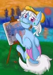 Size: 2480x3508 | Tagged: safe, artist:scrauso, oc, oc only, oc:erein rorien, pegasus, pony, beret, blue coat, blue fur, brush, clothes, drawing, ears up, easel, evening, grass, hat, male, outdoors, paint, paintbrush, painter, painting, pegasus oc, pink eyes, solo, stallion, sun, trade, tree, white mane, wings