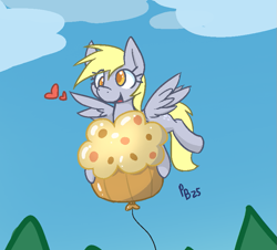 Size: 801x725 | Tagged: safe, artist:ponballoon, derpy hooves, g4, background, balloon, flying, food, heart, muffin, smiling, solo, spread wings, wings