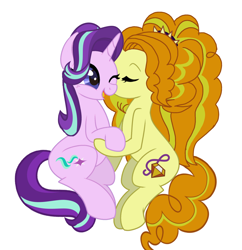 Size: 1986x2048 | Tagged: safe, anonymous artist, derpibooru exclusive, adagio dazzle, starlight glimmer, pony, unicorn, g4, 2025, base used, cheek kiss, duo, eyes closed, female, holding hoof, horn, kissing, lesbian, one eye closed, open mouth, open smile, raised hoof, rarepair, shipping, simple background, sitting, smiling, stardagio, unicorn adagio dazzle, white background