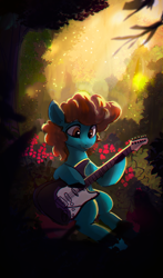 Size: 2260x3840 | Tagged: safe, artist:hierozaki, oc, oc only, earth pony, pony, dexterous hooves, electric guitar, flower, forest, guitar, high res, musical instrument, nature, outdoors, sitting, smiling, solo, tree