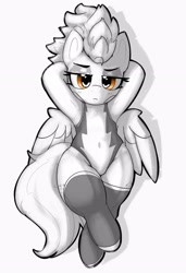 Size: 2017x2947 | Tagged: safe, artist:pabbley, spitfire, pegasus, pony, g4, clothes, female, grayscale, hooves behind head, latex, latex socks, lidded eyes, mare, monochrome, overhead view, partial color, simple background, socks, solo, thighs, thunder thighs, uniform, white background, wide hips, wonderbolt trainee uniform