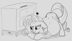 Size: 1374x781 | Tagged: safe, artist:thenypod4, rarity, pony, unicorn, g4, annoyed, ass up, belly, belly on floor, bent over, big belly, drawer, emanata, face down ass up, female, frown, horn, leaning, mare, monochrome, preggity, pregnant, simple background, sketch, thread, white background, wide load