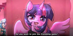 Size: 1142x560 | Tagged: safe, artist:petaltwinkle, cozy glow, twilight sparkle, alicorn, pegasus, pony, unicorn, g4, angry, book, clothes, comic, fangs, female, filly, foal, grin, horn, indoors, looking at you, mare, mask, meme, pink guards, player 456 (squid game), ponified, ponified meme, seong gi-hun, shirt, signature, smiling, solo focus, spoilers for another series, squid game, squid game 2, text, tracksuit, twilight sparkle (alicorn), wings