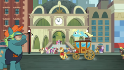 Size: 1366x768 | Tagged: safe, screencap, art vandelhay, beaude mane, bigger jim, colton john, evening star, full steam, joan pommelway, levon song, luckette, neigh sayer, pegasus olsen, peggy holstein, pinkie pie, plunkett, promontory, rarity, sassaflash, silver berry, viola (g4), pony, g4, my little pony: friendship is magic, the gift of the maud pie, manehattan